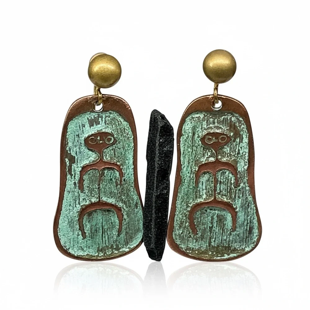 Vintage Copper Enamel Earrings Mid Century Modern Abstract Screw Back